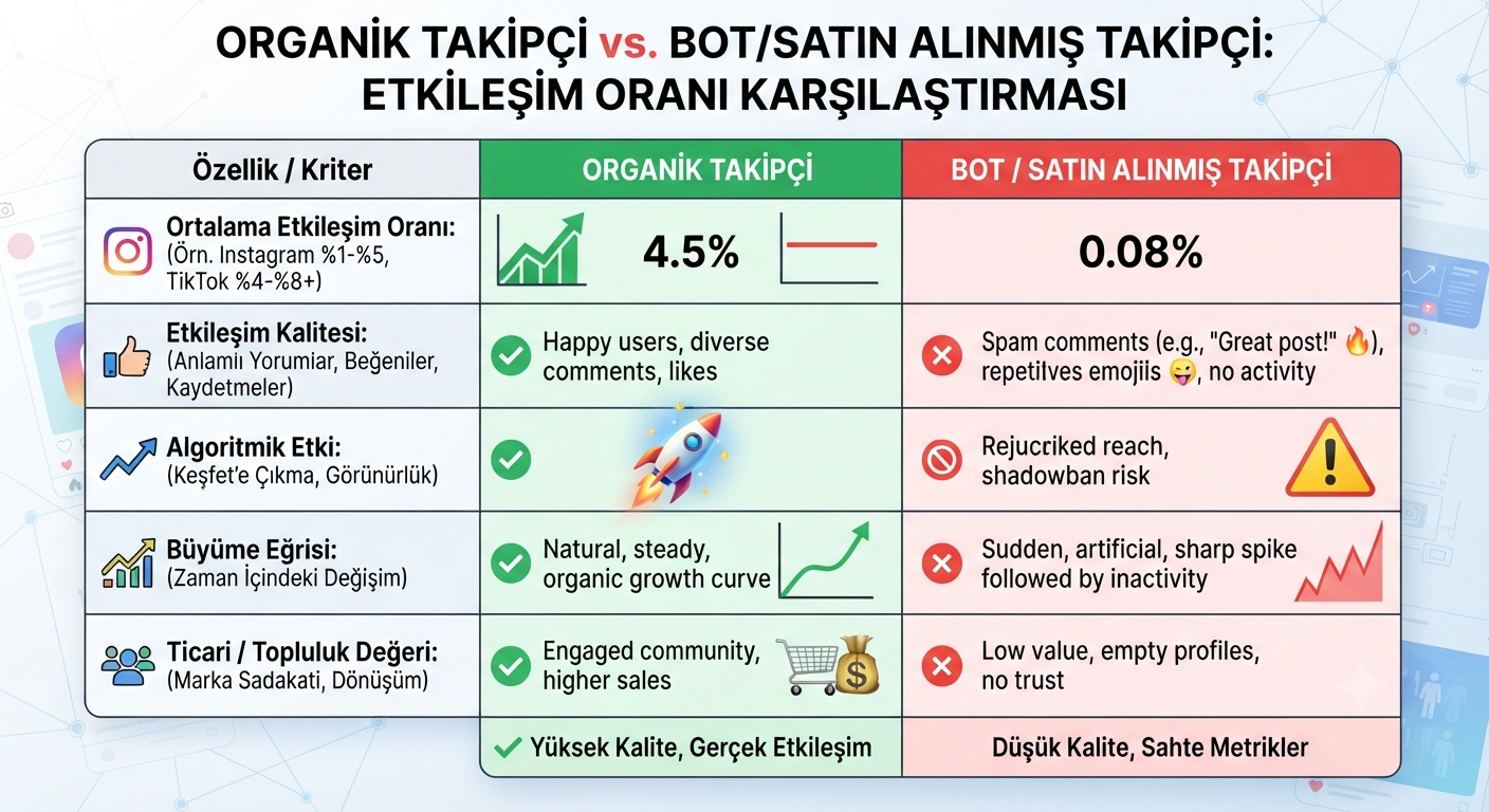 Organik takipçi ve bot takipçi karşılaştırma