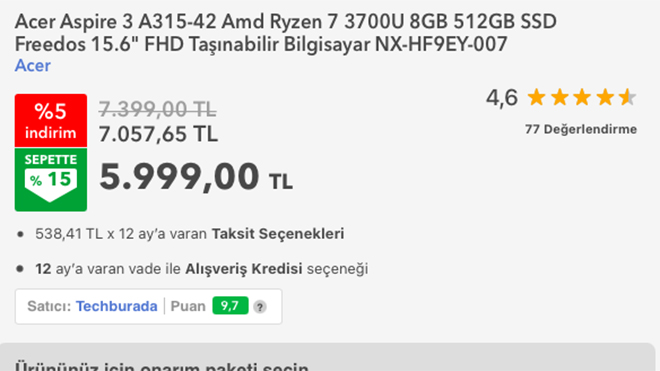 Acer Aspire 3 A315-42 fiyatına 1400 TL indirim geldi! Detaylar haberimizde