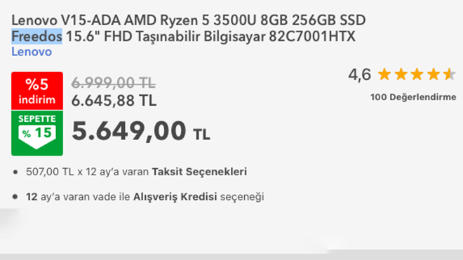 Lenovo V15-ADA fiyatına 1.350 TL indirim geldi!