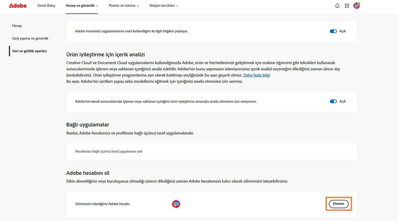 adobe hesabı silmek