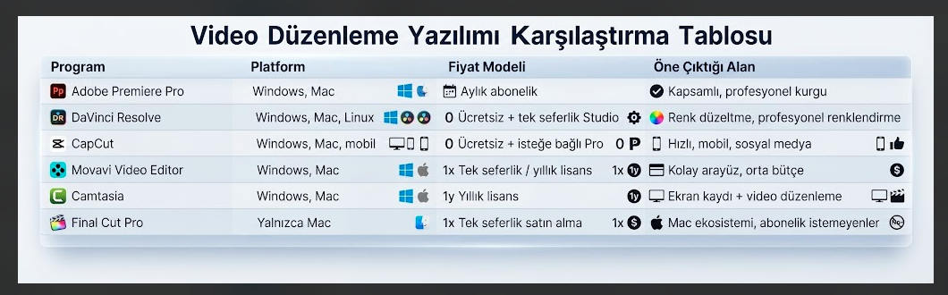 video karşılaştırma tablosu