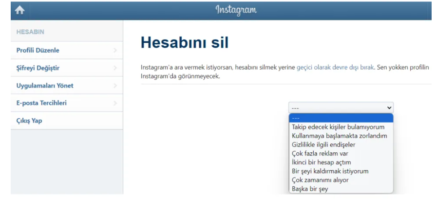 instagram hesabı silmek