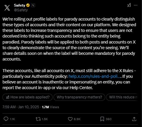 X, parodi hesaplar için etiketler sunmaya başladı
