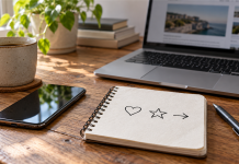 Şekilli Emojiler 2026 Masa üzerinde dizüstü bilgisayar, telefon ve kalp, yıldız, ok çizimleri bulunan defter