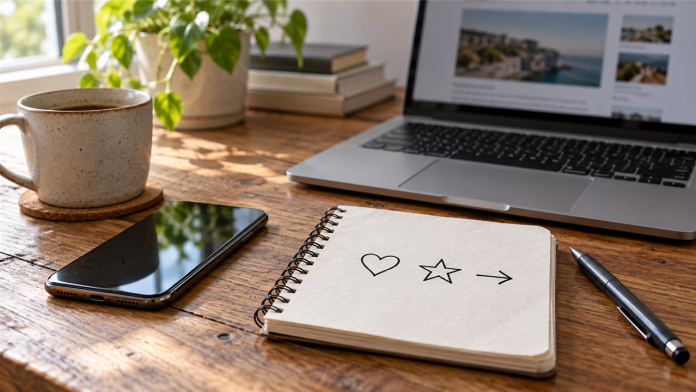 sekilli-emojiler-one-cikan-20931-097efe545418-0 Masa üzerinde dizüstü bilgisayar, telefon ve kalp, yıldız, ok çizimleri bulunan defter