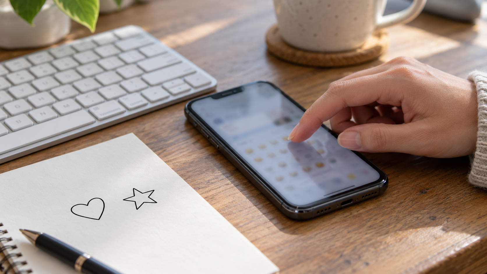 Telefon ekranına dokunan el, klavye ve kalp ile yıldız çizimli defter