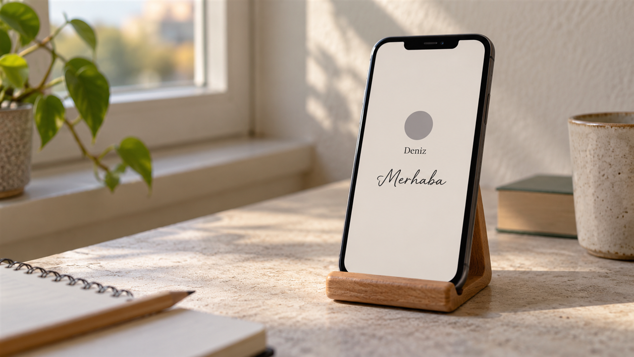Telefon ekranındaki sade profil düzeninde el yazısı görünümlü metin